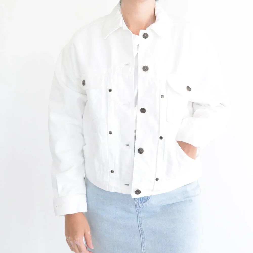 Vintage Liz Authentic White 100%  Cotton Button Up Denim Jean Jacket S